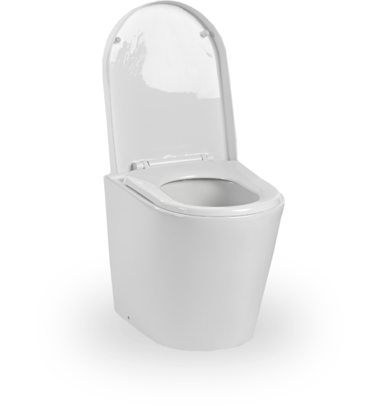 Green Toilet Lux: white porcelain pedestal with the lid open.