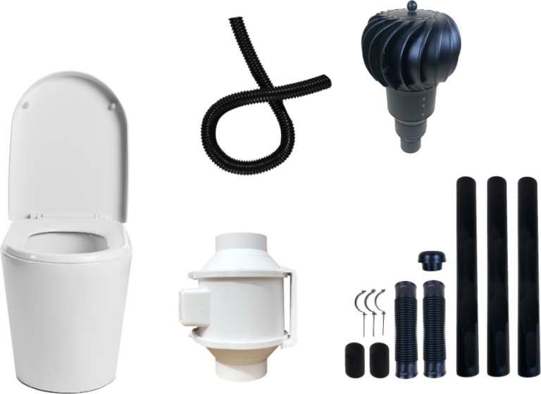 Green Toilet accessories: seat pedestal, fans and ventilation pipes.