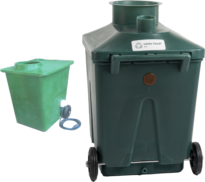 An early light-green Green Toilet container next to today's dark green 330.