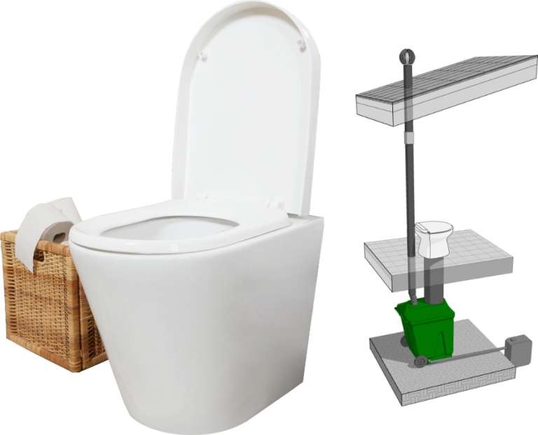Green Toilet Lux porcelain pedestal, and a drawing of the pedestal on the floor with the container below.