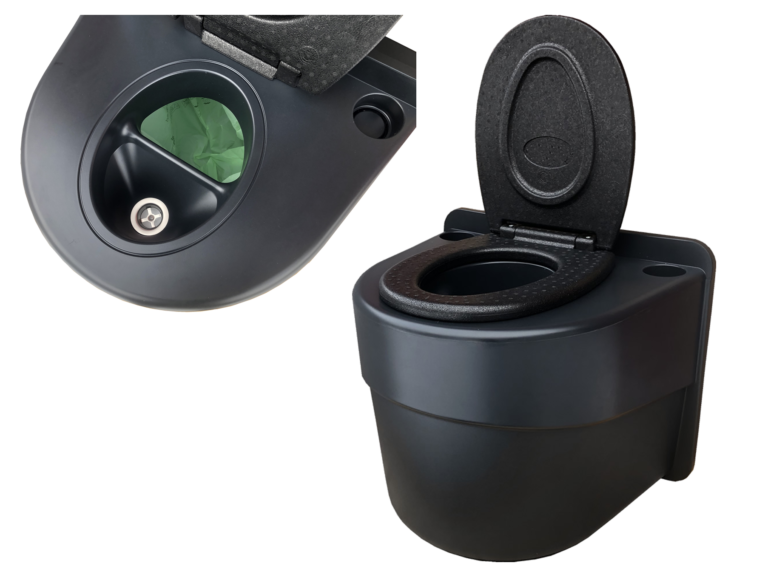 Green Toilet Light: black floor-standing toilet with a urine-separating seat.