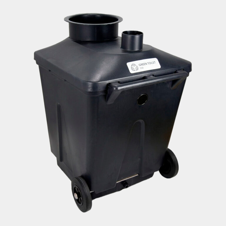 Green Toilet 330: the large black composting container on wheels with seat ring and vent outlet.