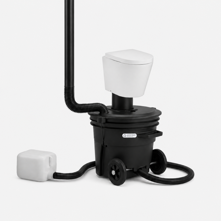 Green Toilet Compact Lux: white porcelain pedestal on a black chute above the matt black composting container, with fan pipe, liquid hose and canister.