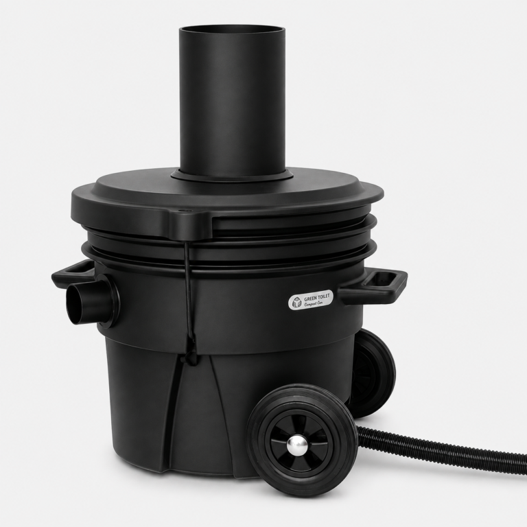 The Compact Lux container from the side, with lid, waste chute, ventilation outlet and wheels.