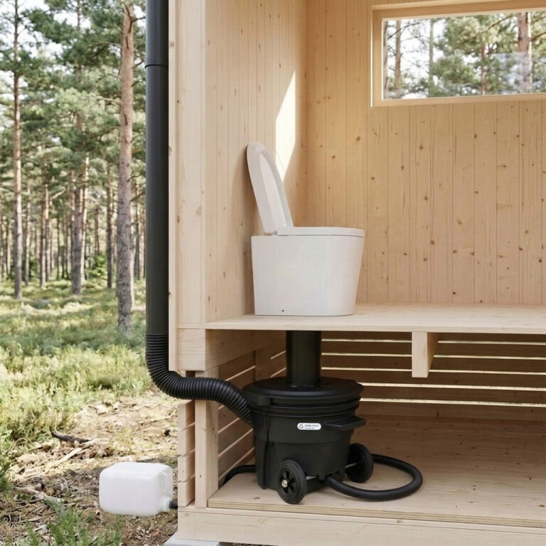 Illustration of a Compact Lux in a wooden outhouse: the pedestal on the floor, the container on wheels in the low space underneath.